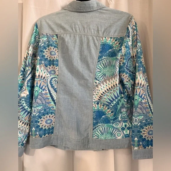 Chico’s Patchwork Denim Jacket Blue Boho Print Cotton Size Medium (1) - Picture 7 of 10
